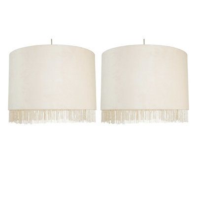 First Choice Lighting Set of 2 Fringed Off White 38cm Fringed Velvet Pendant Shades