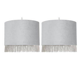 First Choice Lighting Set of 2 Fringed Silvery Grey 23cm Fringed Velvet Pendant Shades