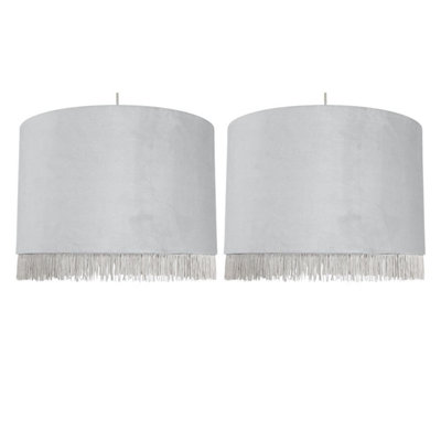 First Choice Lighting Set of 2 Fringed Silvery Grey 38cm Fringed Velvet Pendant Shades