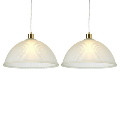 First Choice Lighting Set of 2 Frosted Ribbed Glass with Satin Brass Ceiling Pendants