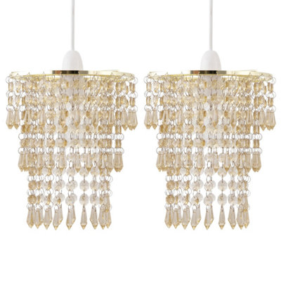 First Choice Lighting Set of 2 Gatsby Brass Amber Easy Fit Jewelled Pendant Shades
