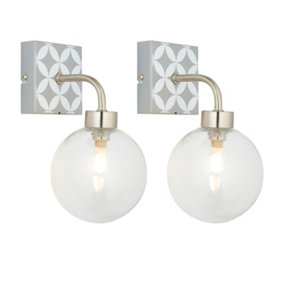 First Choice Lighting - Set of 2 Geo Tile Brushed Chrome with Clear Glass Globe IP44 Bathroom Wall Lights
