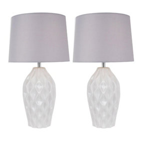 First Choice Lighting Set of 2 Geome White Chrome Grey Ceramic Table Lamp With Shades