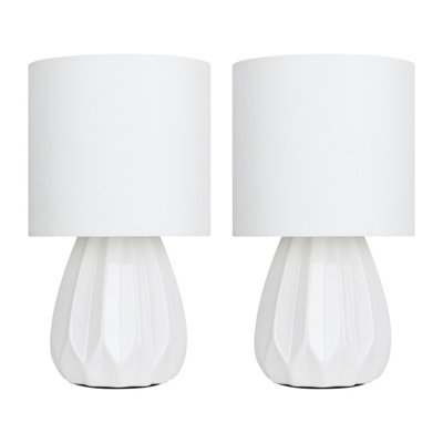 First Choice Lighting Set of 2 Geometric White Ceramic Table Lamps with Matching Shades