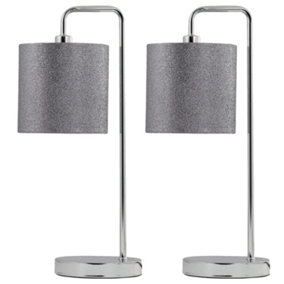First Choice Lighting Set of 2 Glitter Chrome Silver Grey Arched Table Lamp With Shades