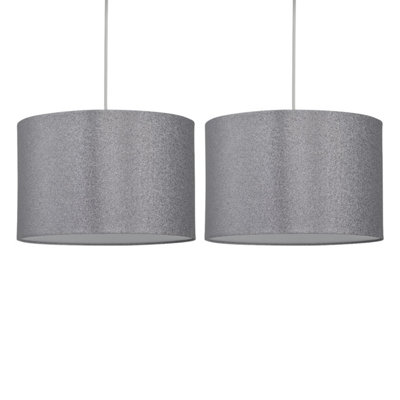 First Choice Lighting Set of 2 Glitter Silver Grey 25 cm Easy Fit Fabric Pendant Shades