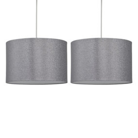 First Choice Lighting Set of 2 Glitter Silver Grey 25 cm Easy Fit Fabric Pendant Shades