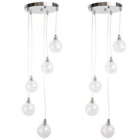 First Choice Lighting Set of 2 Globe Chrome Clear Wire Detailed Glass 5 Light Ceiling Pendant Lights