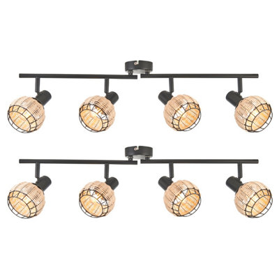 First Choice Lighting - Set of 2 Goa Black and Natural Rattan 4 Light Ceiling Spotlight Bars