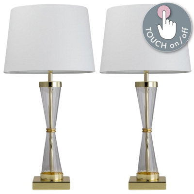 First Choice Lighting Set of 2 Gold Touch Lamps with White Cotton Shades