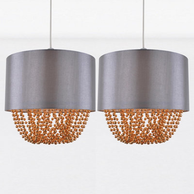 First Choice Lighting Set of 2 Grey Faux Silk & Copper Jewelled Ceiling Light Shades