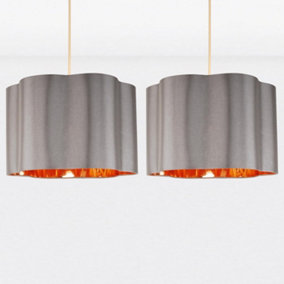 First Choice Lighting Set of 2 Grey with Copper Inner Scalloped Pendant Shades