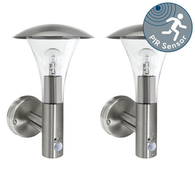 First Choice Lighting Set of 2 Halo Brushed Stainless Steel Outdoor IP44 Motion Sensor Activated Wall Lights
