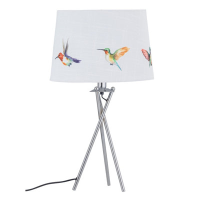 First Choice Lighting Set of 2 Hummingbird Chrome Tripod Table Lamps with Linen Bird Print Shades
