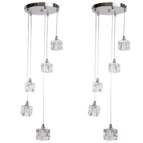 First Choice Lighting Set of 2 Ice Cube Chrome Ice Cube Glass 5 Light Ceiling Pendant Lights