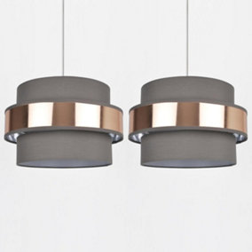 First Choice Lighting Set of 2 Jupiter Brushed Copper Grey 2 Tier Easy Fit Fabric Pendant Shades