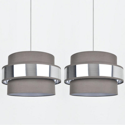 First Choice Lighting Set of 2 Jupiter Brushed Silver Grey 2 Tier Easy Fit Fabric Pendant Shades
