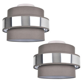 First Choice Lighting Set of 2 Jupiter Chrome Brushed Silver Grey 2 Tier Flush Ceiling Lights
