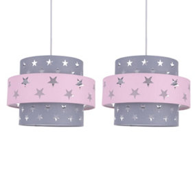 First Choice Lighting Set of 2 Jupiter - Pink Grey Star Easy Fit Fabric Pendant Shades