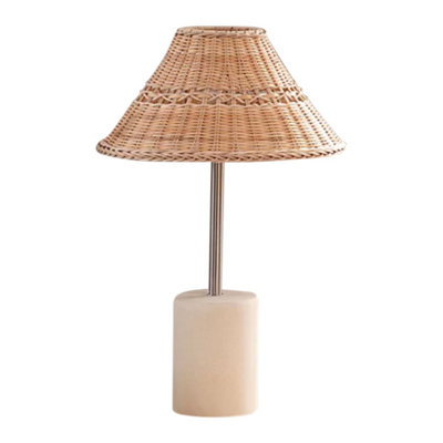 First Choice Lighting Set of 2 Keho Grey Concrete Satin Nickel Natural Rattan Table Lamp With Shades
