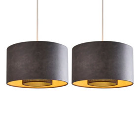 First Choice Lighting - Set of 2 Larset Black Leather Easy Fit  Pendant Shades with Metal Mesh Diffusers