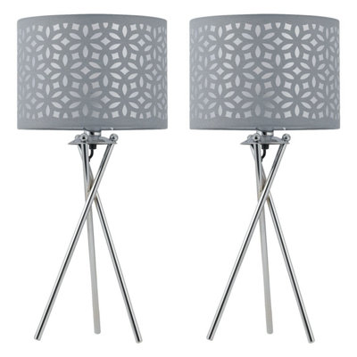 First Choice Lighting Set of 2 Laser Chrome Grey Tripod Table Lamp With