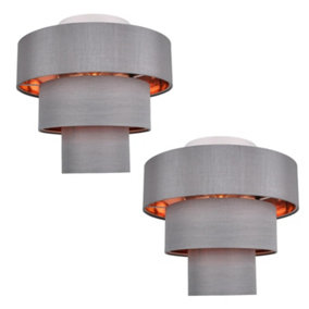 First Choice Lighting Set of 2 Layer Chrome Copper Grey Slub 3 Tier Flush Ceiling Lights