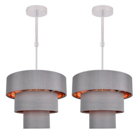 First Choice Lighting Set of 2 Layer Chrome Copper Grey Slub Adjustable 3 Tier Flush Ceiling Lights
