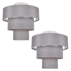 First Choice Lighting Set of 2 Layer Chrome Grey Slub 3 Tier Flush Ceiling Lights