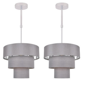First Choice Lighting Set of 2 Layer Chrome Grey Slub Adjustable 3 Tier Flush Ceiling Lights