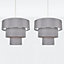 First Choice Lighting Set of 2 Layer Chrome Grey Slub Easy Fit Fabric Pendant Shades