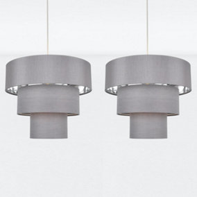 First Choice Lighting Set of 2 Layer Chrome Grey Slub Easy Fit Fabric Pendant Shades