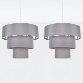 First Choice Lighting Set of 2 Layer Chrome Grey Slub Easy Fit Fabric Pendant Shades