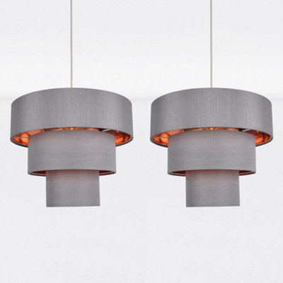 First Choice Lighting Set of 2 Layer Copper Grey Slub Easy Fit Fabric Pendant Shades