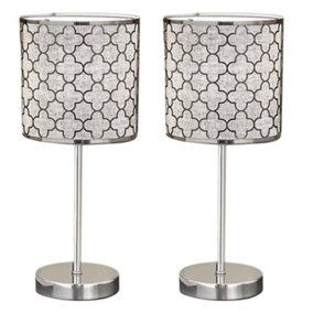 First Choice Lighting Set of 2 Lazar Chrome Grey Table Lamp With Shades