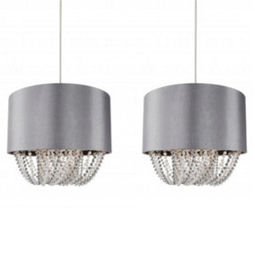 First Choice Lighting Set of 2 Lydia Chrome Pearl Grey 30 cm Easy Fit Jewelled Pendant Shades