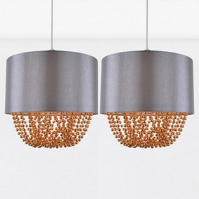 First Choice Lighting Set of 2 Lydia Copper Mid Grey Easy Fit Jewelled Pendant Shades