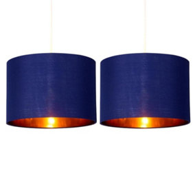 First Choice Lighting Set of 2 Madde Gold Navy Blue 25 cm Easy Fit Fabric Pendant Shades