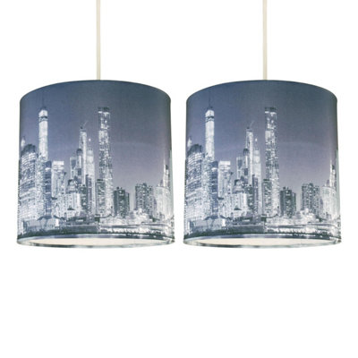 First Choice Lighting Set of 2 Manhattan Blue Manhattan Skyline Print 20 cm Easy Fit Fabric Pendant Shades