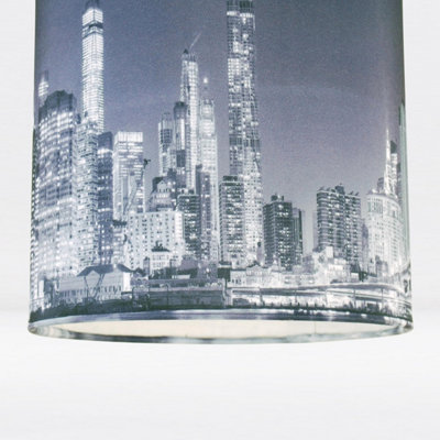 First Choice Lighting Set of 2 Manhattan Blue Manhattan Skyline Print 20 cm Easy Fit Fabric Pendant Shades