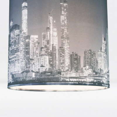 First Choice Lighting Set of 2 Manhattan Blue Manhattan Skyline Print 20 cm Easy Fit Fabric Pendant Shades
