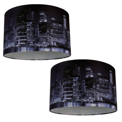 First Choice Lighting Set of 2 Manhattan Blue Manhattan Skyline Print 32 cm Easy Fit Fabric Pendant Shades