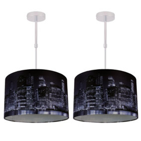 First Choice Lighting Set of 2 Manhattan Chrome Blue Manhattan Skyline Print 32 cm Adjustable Flush Ceiling Lights