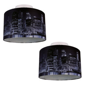 First Choice Lighting Set of 2 Manhattan Chrome Blue Manhattan Skyline Print 32 cm Flush Ceiling Lights