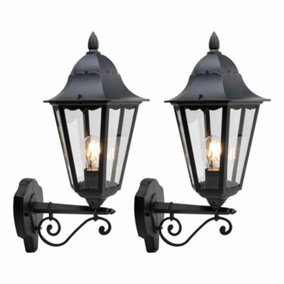 First Choice Lighting Set of 2 Mansfield Black with Clear Glass Six Sided Lantern IP44 Outdoor Wall Lights