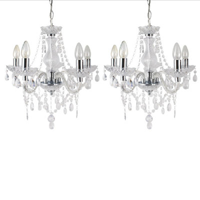 First Choice Lighting Set of 2 Marie Therese Clear Chrome 5 Light Chandeliers