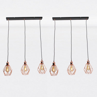 First Choice Lighting Set of 2 Matt Black & Copper Geometric 3 Light Bar Pendants