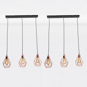 First Choice Lighting Set of 2 Matt Black & Copper Geometric 3 Light Bar Pendants