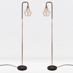 First Choice Lighting Set of 2 Matt Black & Copper Geometric Floor Lamps
