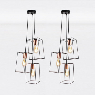 First Choice Lighting Set of 2 Matt Black With Brushed Copper Detail 3 Light Pendants